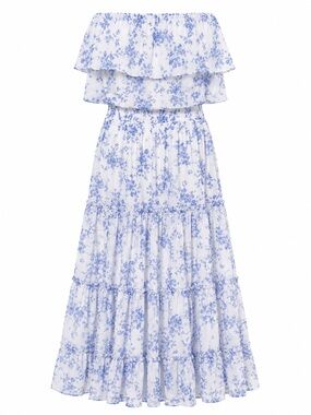 1.STATE Blue White Floral Strapless Ruffle Tiered Midi Dress Size M NWT